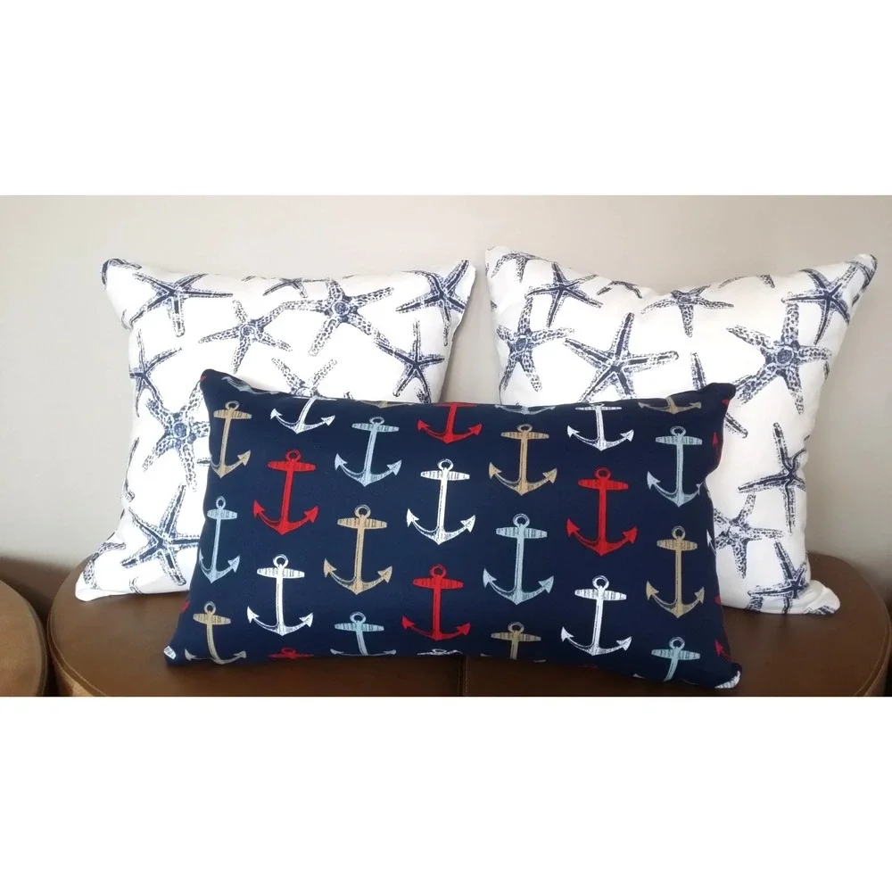 Starfish 20X20 Zippered Throw Pillow‎ Covers Pair Navy White Premier Prints NEW